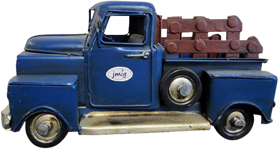Old, blue truck with JM Insurance Group logo on door
